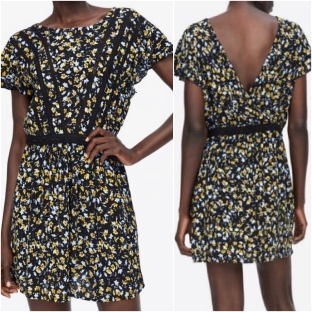 {XS} Zara Floral Peasant Dress Eyelet Trim Detail Yellow Black Flutter Sleeve